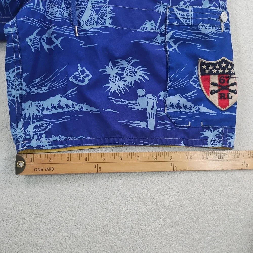 VTG Ralph Lauren Polo Jeans  Board Shorts Mens XL Blue AOP MeshLined Logos‎ Swim